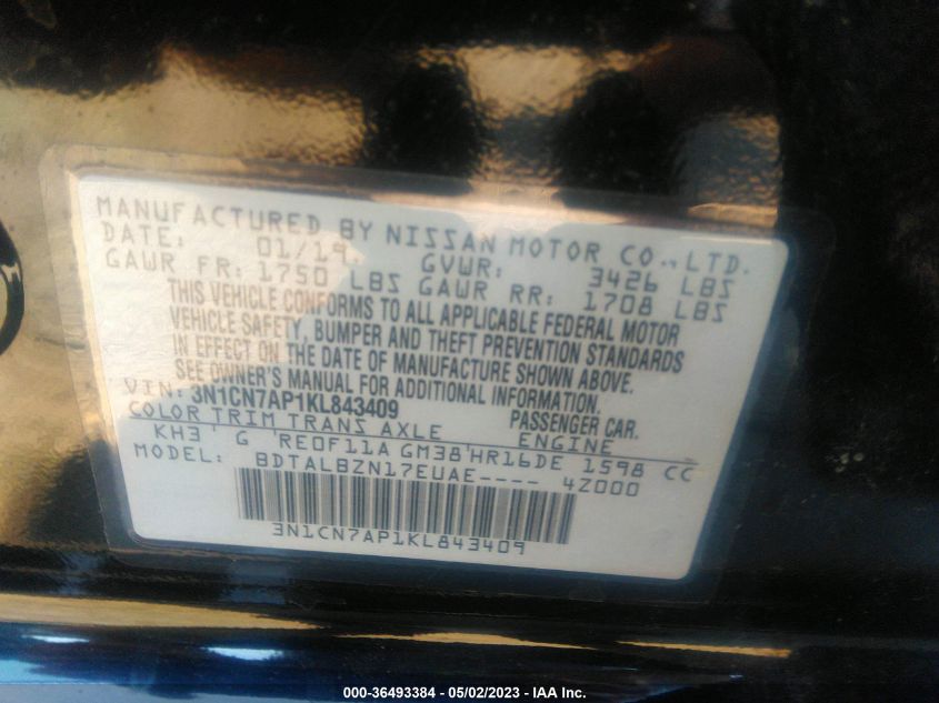 2019 NISSAN VERSA SEDAN SV - 3N1CN7AP1KL843409