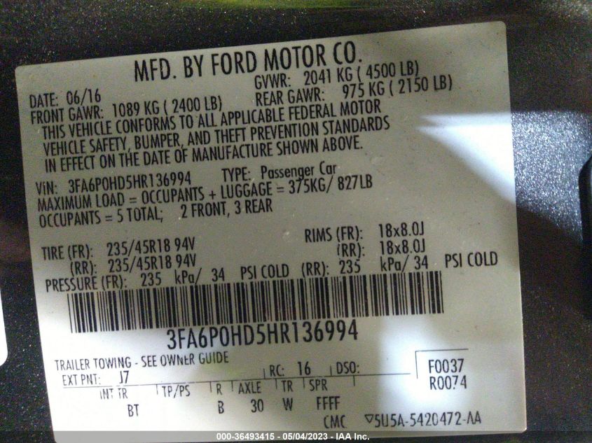 2017 FORD FUSION SE - 3FA6P0HD5HR136994