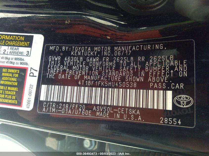 2017 TOYOTA CAMRY SE - 4T1BF1FK5HU450538