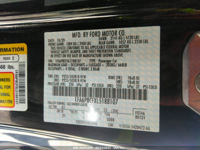 2020 FORD MUSTANG GT - 1FA6P8CFXL5188107