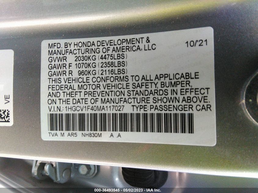 2021 HONDA ACCORD SEDAN SPORT SE - 1HGCV1F40MA117027