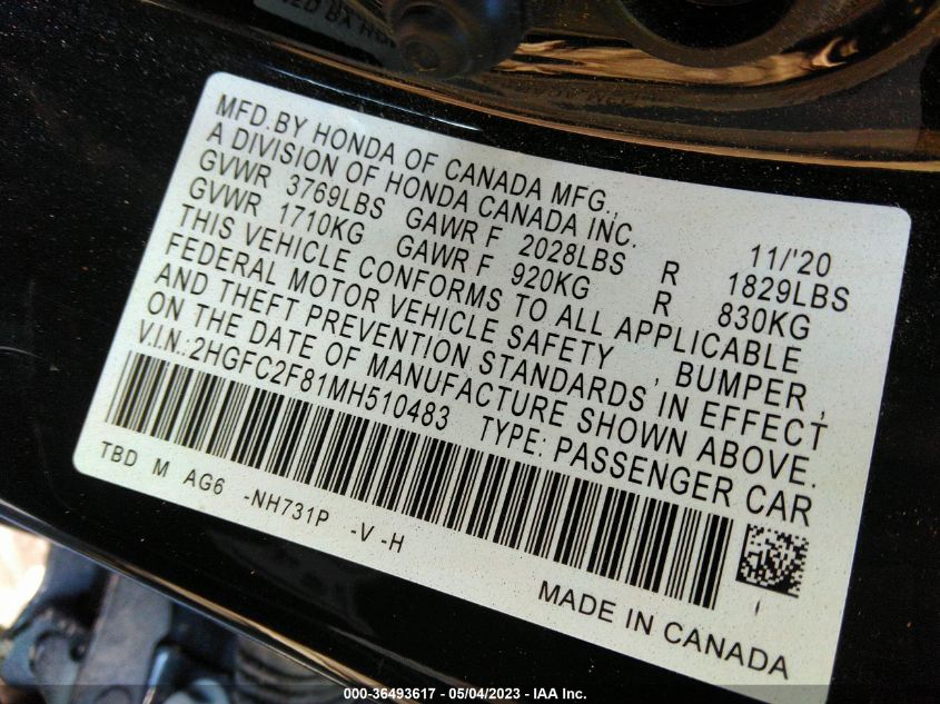 2021 HONDA CIVIC SEDAN SPORT 2HGFC2F81MH510483