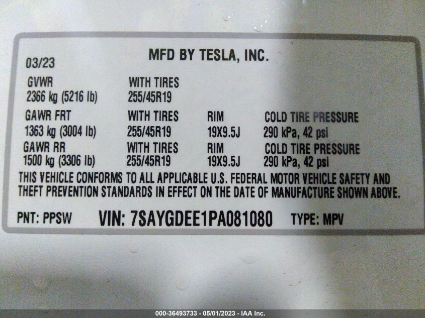 2023 TESLA MODEL Y LONG RANGE - 7SAYGDEE1PA081080
