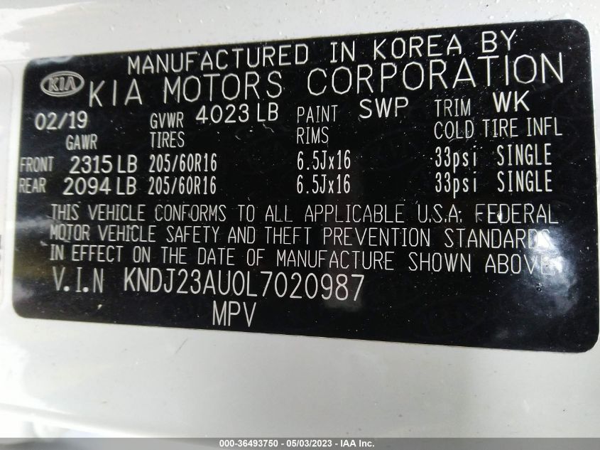 2020 KIA SOUL S - KNDJ23AU0L7020987