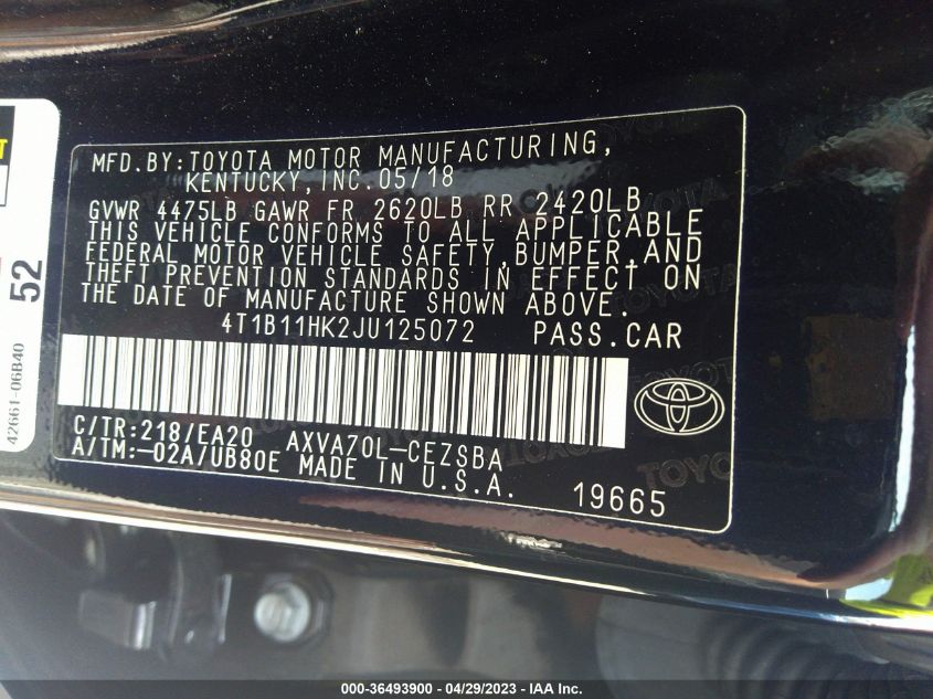 2018 TOYOTA CAMRY LE/SE/XLE/L - 4T1B11HK2JU125072