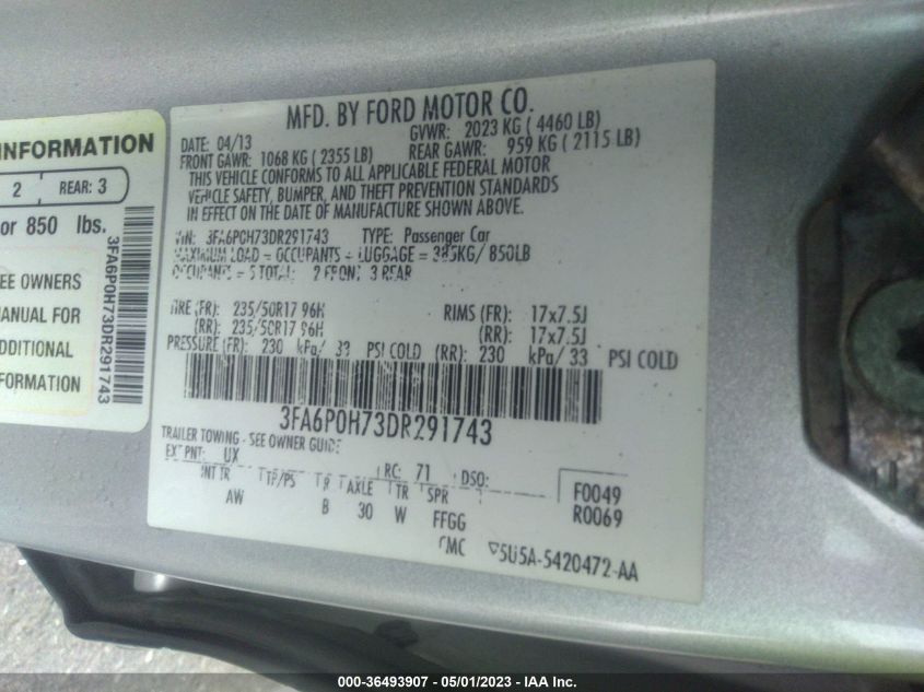 2013 FORD FUSION SE - 3FA6P0H73DR291743