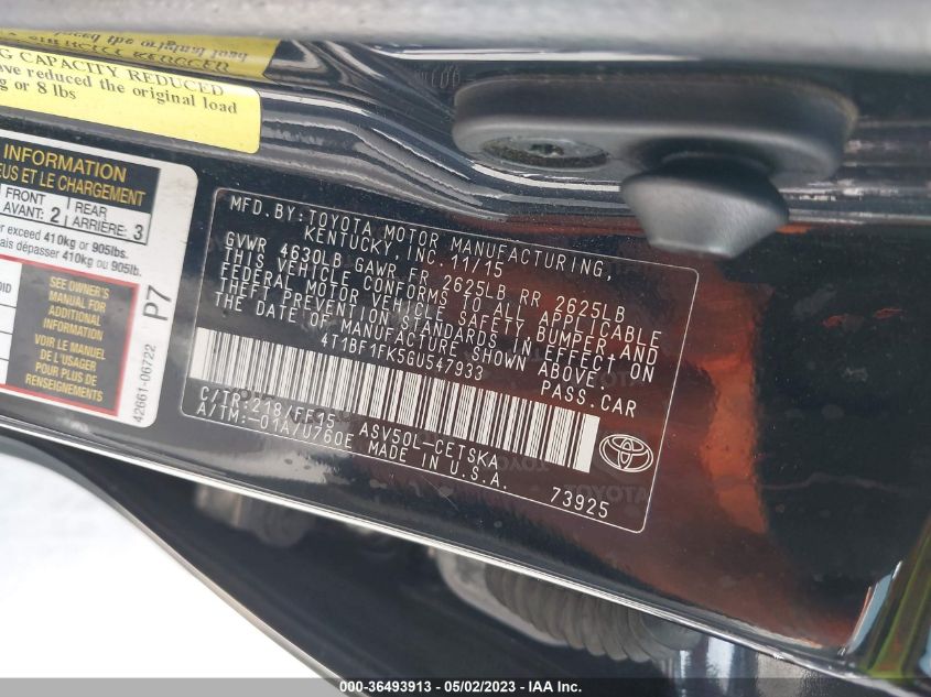 2016 TOYOTA CAMRY XLE/SE/LE/XSE - 4T1BF1FK5GU547933