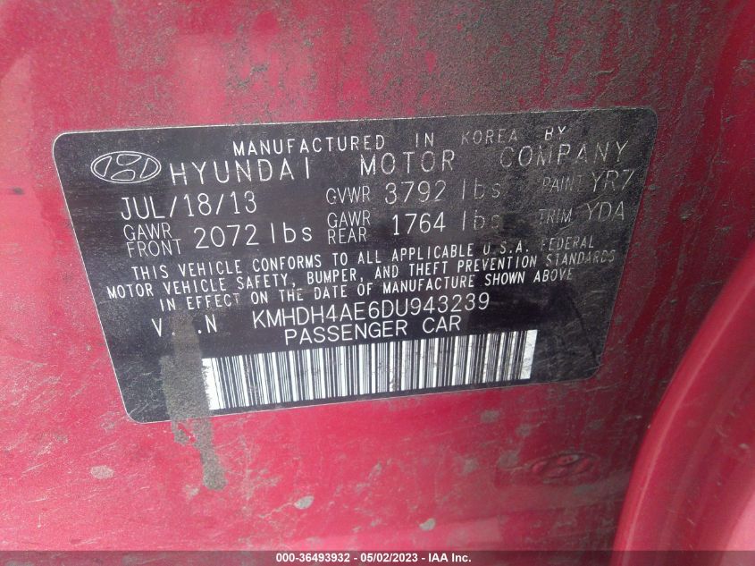 2013 HYUNDAI ELANTRA GLS PZEV - KMHDH4AE6DU943239