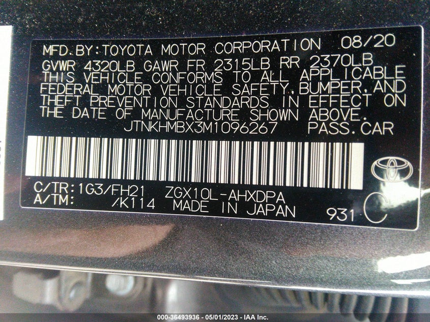 VIN JTNKHMBX3M1096267 2021 TOYOTA C-HR LE/XLE/LIMITED/NIGHTSHADE