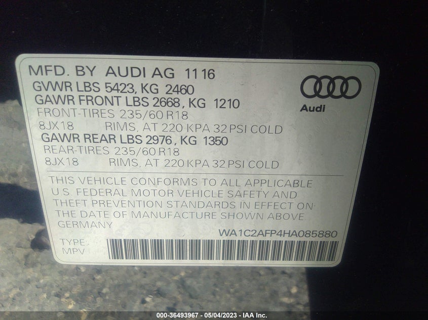 VIN WA1C2AFP4HA085880 2017 AUDI Q5 PREMIUM