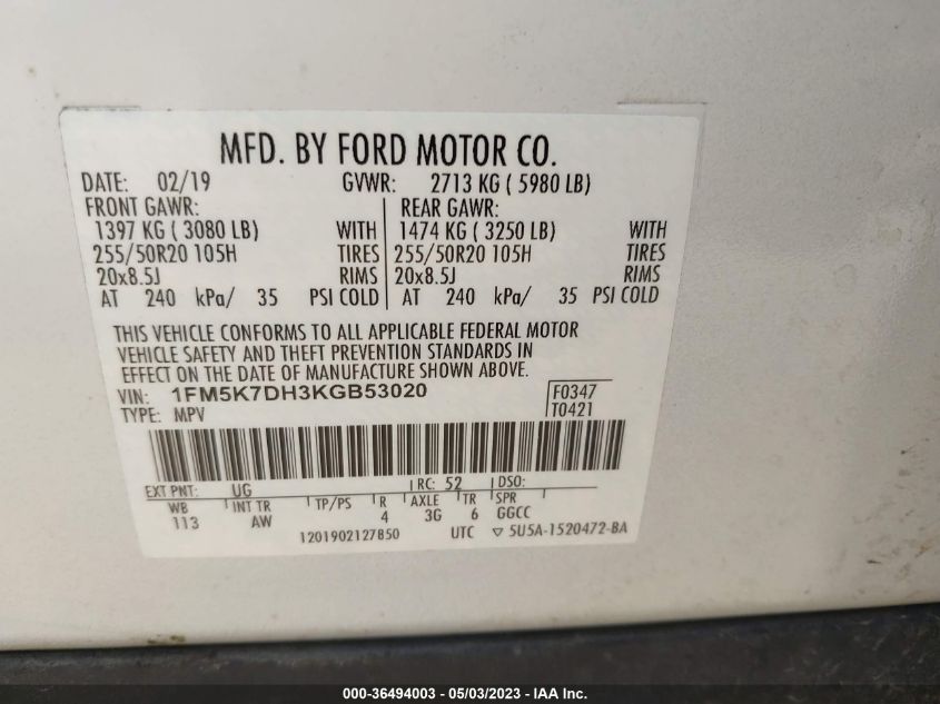 2019 FORD EXPLORER XLT - 1FM5K7DH3KGB53020