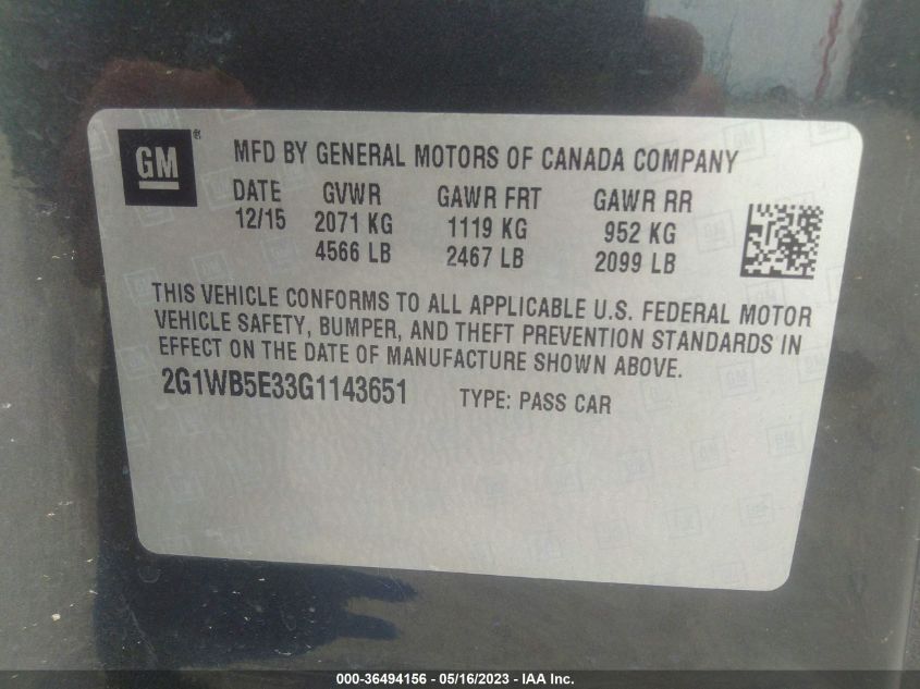 2016 CHEVROLET IMPALA LIMITED LT - 2G1WB5E33G1143651