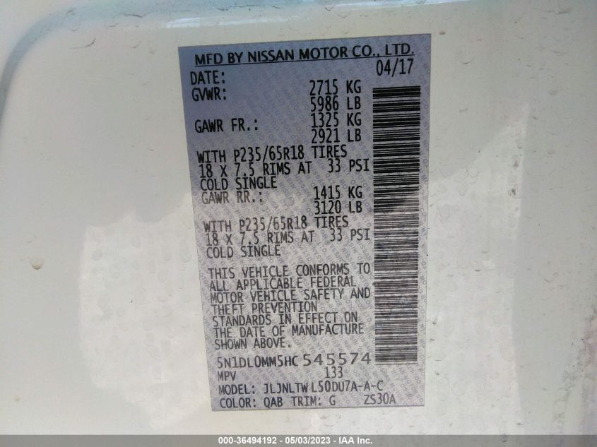 2017 INFINITI QX60 - 5N1DL0MM5HC545574