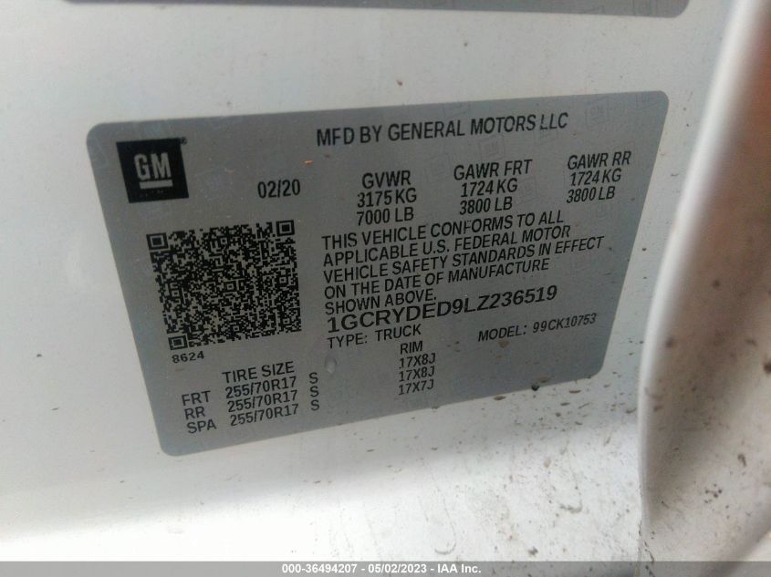 2020 CHEVROLET SILVERADO 1500 LT - 1GCRYDED9LZ236519
