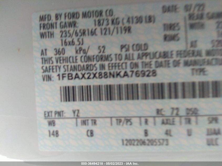 2022 FORD TRANSIT PASSENGER WAGON XL/XLT 1FBAX2X88NKA76928
