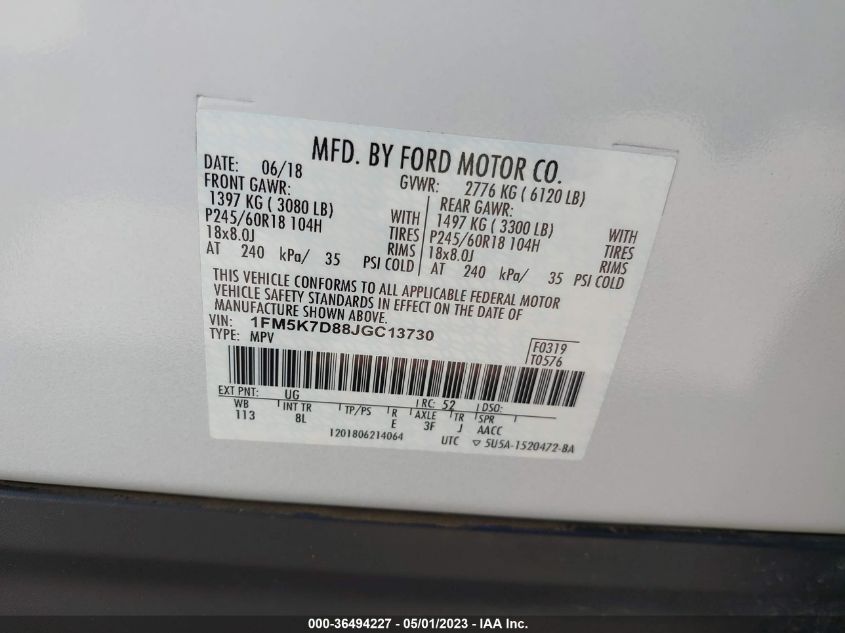 2018 FORD EXPLORER XLT - 1FM5K7D88JGC13730