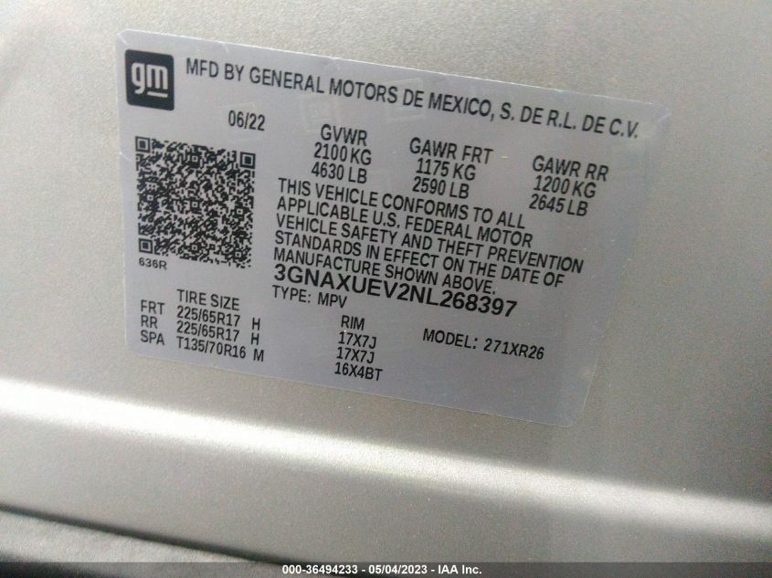 2022 CHEVROLET EQUINOX LT - 3GNAXUEV2NL268397