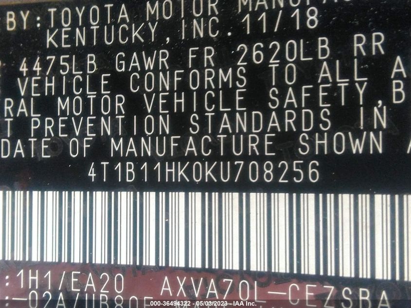 2019 TOYOTA CAMRY SE - 4T1B11HK0KU708256