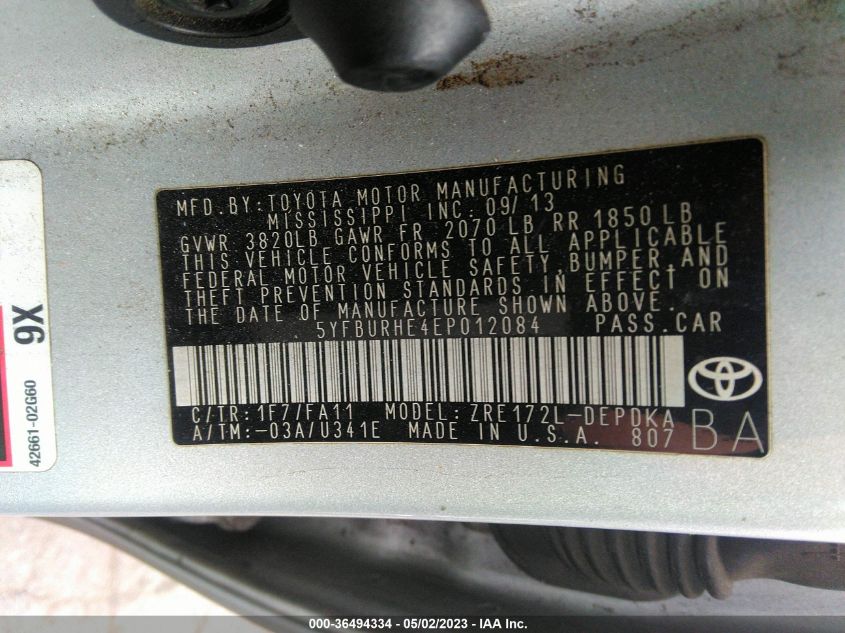 2014 TOYOTA COROLLA L/LE/S/S PLUS/LE PLUS - 5YFBURHE4EP012084
