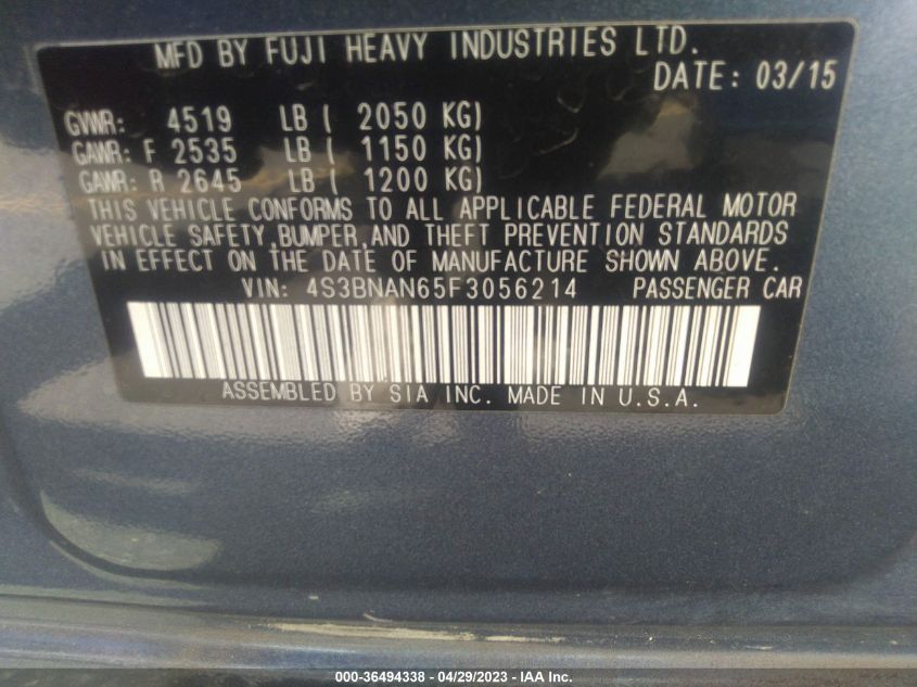 2015 SUBARU LEGACY 2.5I LIMITED - 4S3BNAN65F3056214