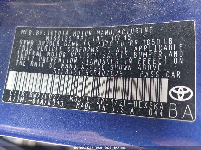 2016 TOYOTA COROLLA S - 5YFBURHE6GP407628