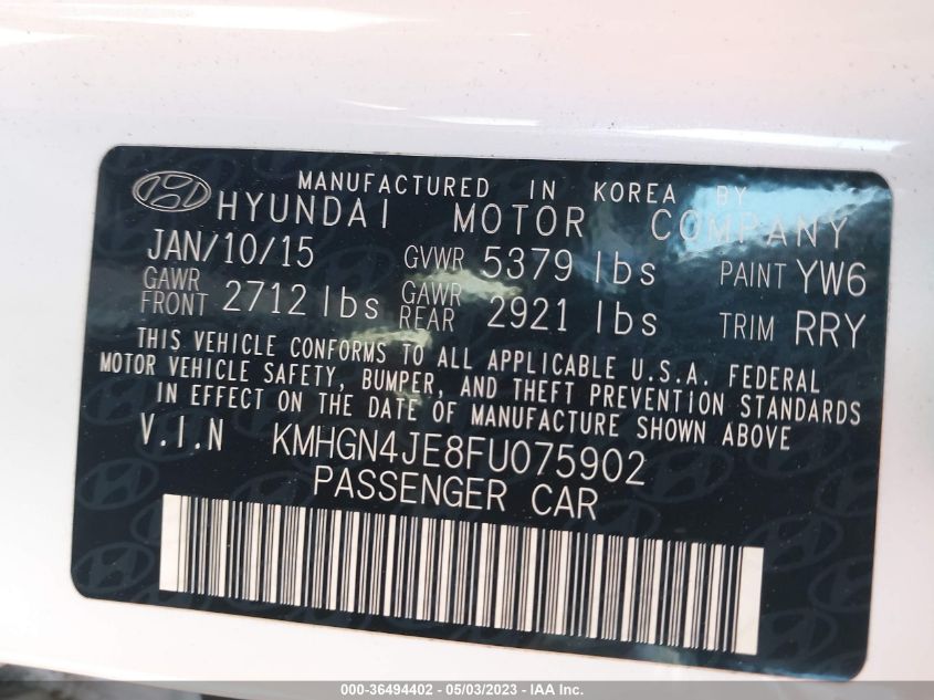 2015 HYUNDAI GENESIS 3.8L - KMHGN4JE8FU075902