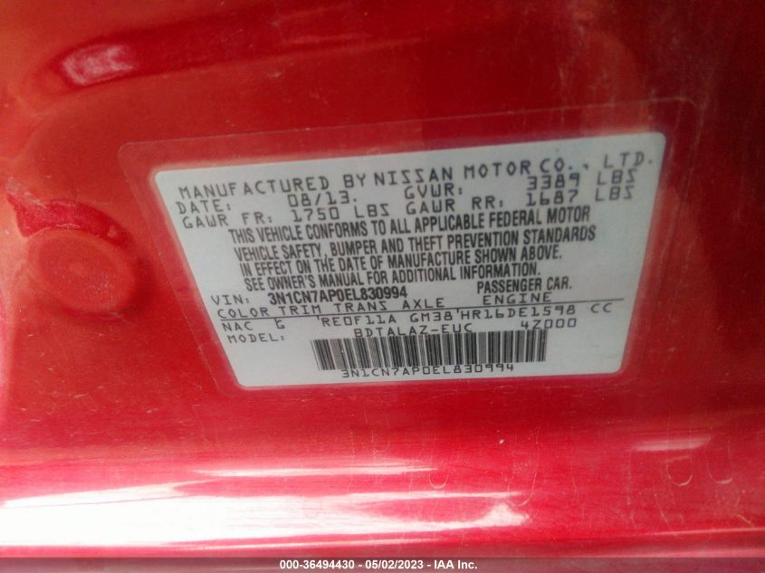 2014 NISSAN VERSA S PLUS - 3N1CN7AP0EL830994