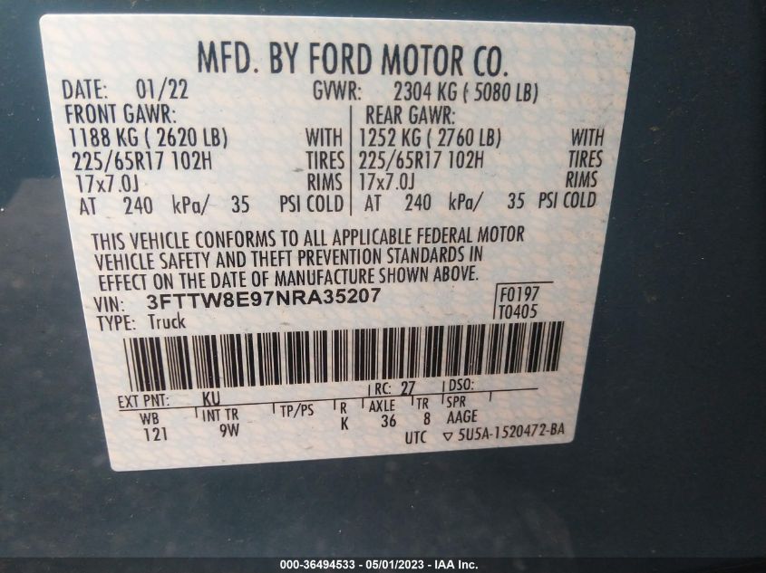 2022 FORD MAVERICK XL/XLT/LARIAT - 3FTTW8E97NRA35207