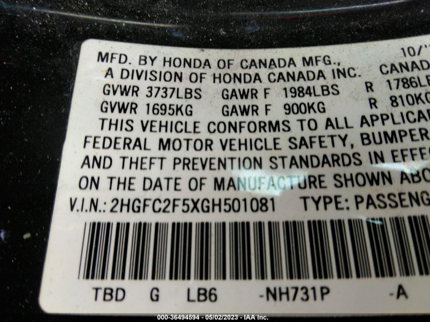 2016 HONDA CIVIC SEDAN LX - 2HGFC2F5XGH501081