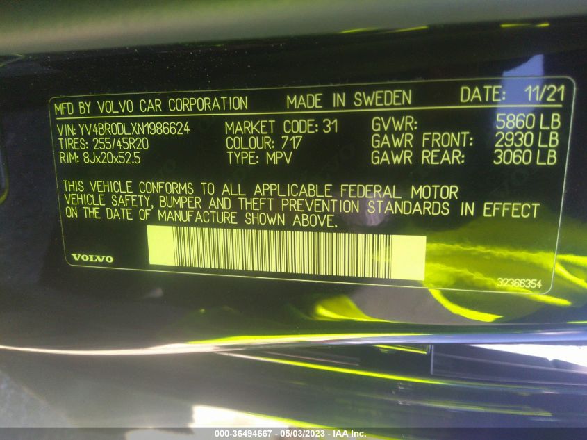 2022 VOLVO XC60 RECHARGE INSCRIPTION - YV4BR0DLXN1986624