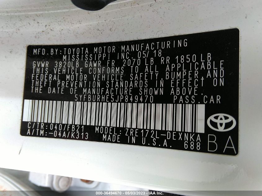 2018 TOYOTA COROLLA L/LE/XLE/SE/XSE - 5YFBURHE5JP849470