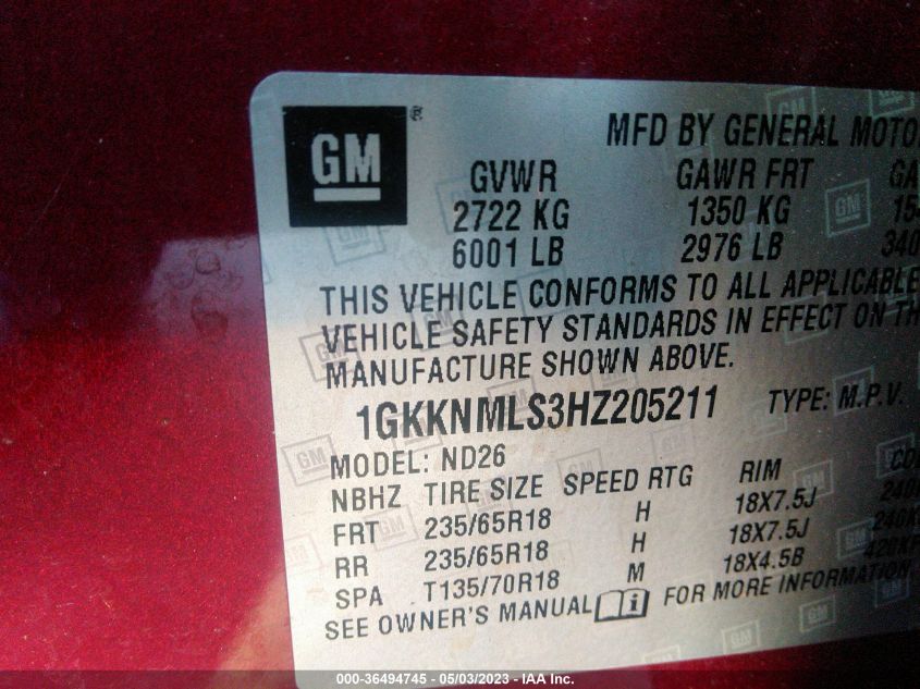 2017 GMC ACADIA SLT - 1GKKNMLS3HZ205211