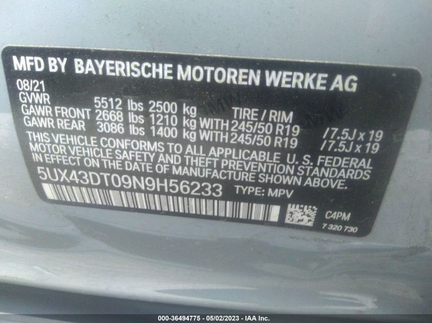 2022 BMW X4 M40I - 5UX43DT09N9H56233