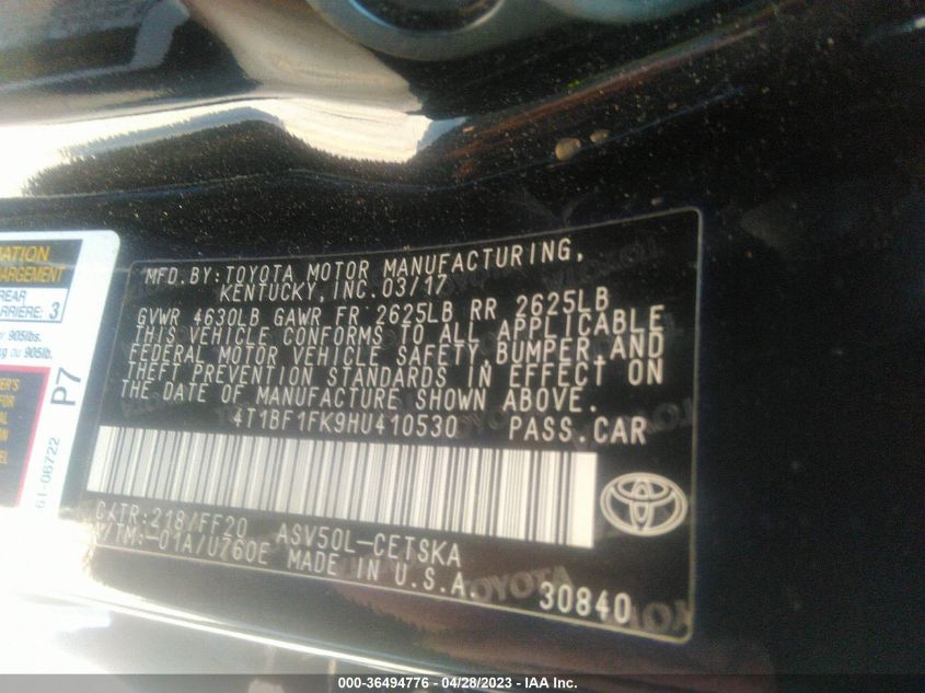 2017 TOYOTA CAMRY XLE/SE/LE/XSE - 4T1BF1FK9HU410530