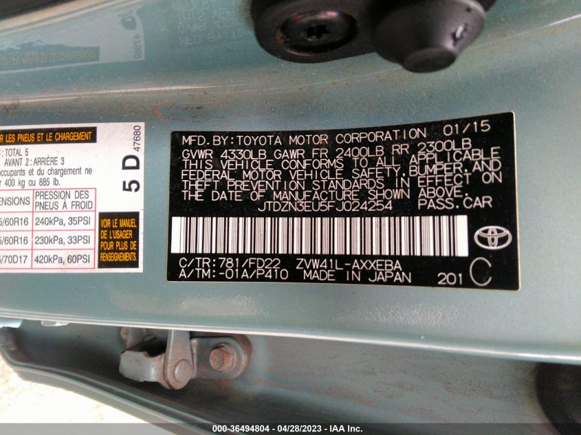 2015 TOYOTA PRIUS V TWO/FIVE/THREE/FOUR - JTDZN3EU5FJ024254