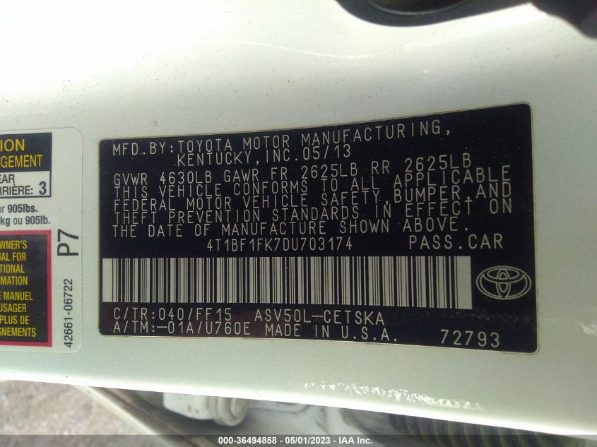2013 TOYOTA CAMRY L/LE/SE/XLE - 4T1BF1FK7DU703174