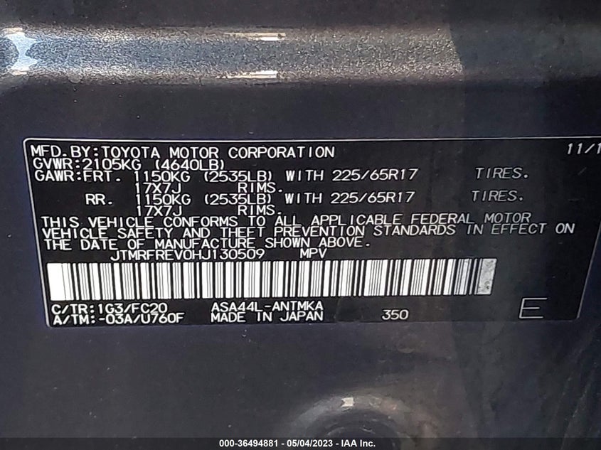 VIN JTMRFREV0HJ130509 2017 TOYOTA RAV4 XLE