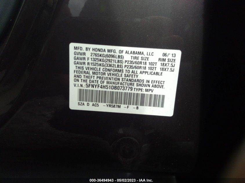 2013 HONDA PILOT EX-L - 5FNYF4H51DB073779