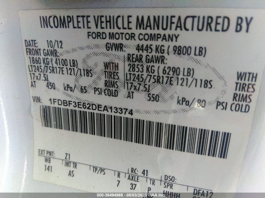 2013 FORD SUPER DUTY F-350 SRW XL/XLT 1FDBF3E62DEA13374