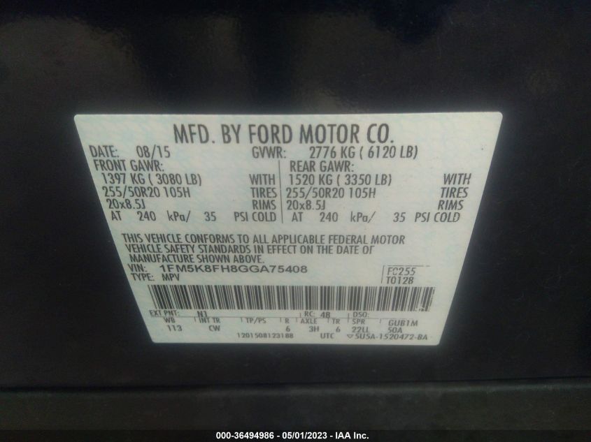 2016 FORD EXPLORER LIMITED - 1FM5K8FH8GGA75408
