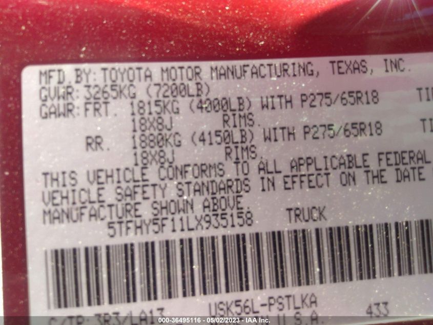 2020 TOYOTA TUNDRA 4WD LIMITED - 5TFHY5F11LX935158