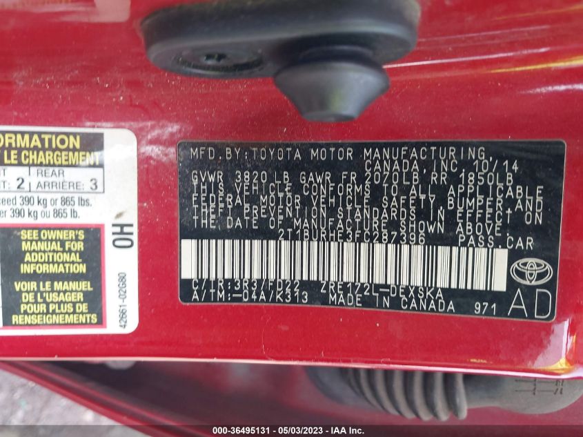 2015 TOYOTA COROLLA L/LE/S/S PLUS/LE PLUS - 2T1BURHE3FC287396