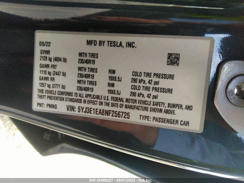 2022 TESLA MODEL 3 - 5YJ3E1EA8NF256725