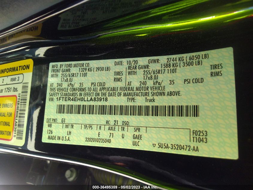 2020 FORD RANGER XL/XLT/LARIAT - 1FTER4EH0LLA83918