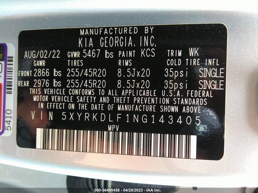 VIN 5XYRKDLF1NG143405 2022 KIA SORENTO SX