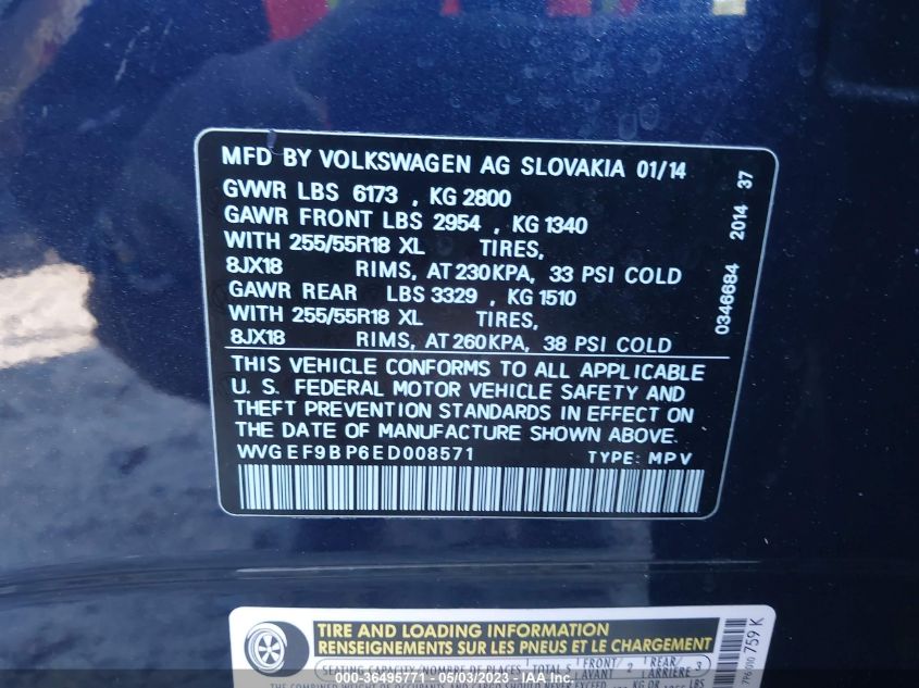 2014 VOLKSWAGEN TOUAREG SPORT - WVGEF9BP6ED008571
