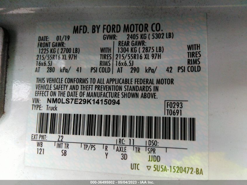2019 FORD TRANSIT CONNECT VAN XL NM0LS7E29K1415094
