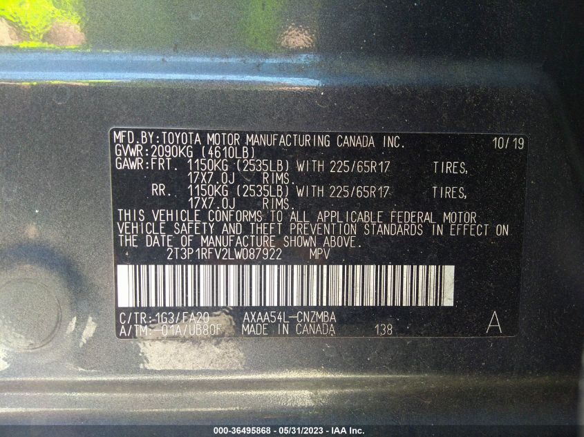 2020 TOYOTA RAV4 XLE - 2T3P1RFV2LW087922