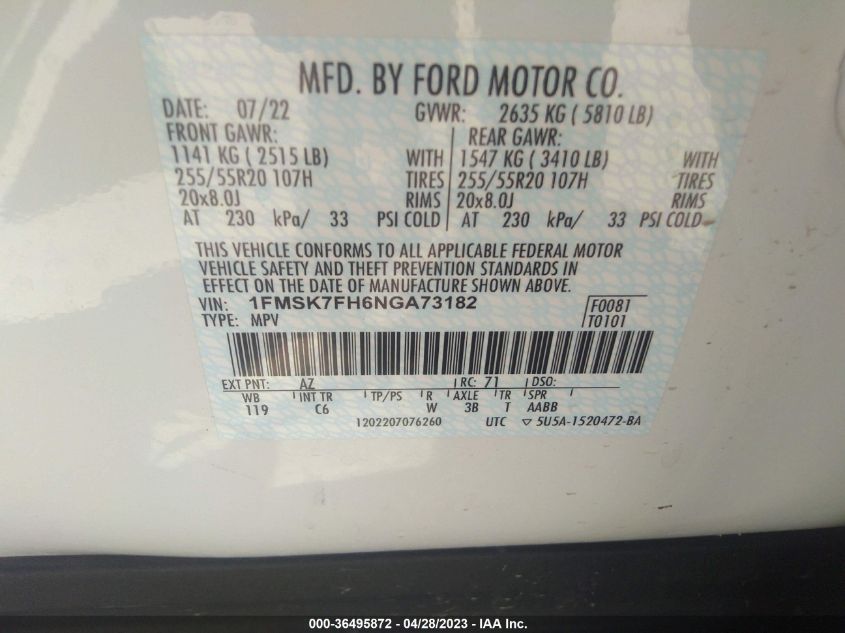 2022 FORD EXPLORER LIMITED - 1FMSK7FH6NGA73182