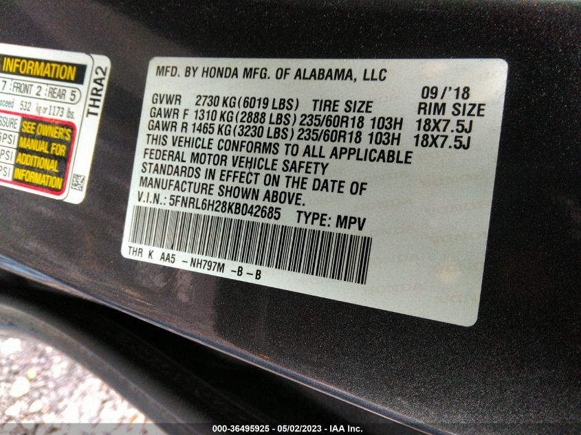 2019 HONDA ODYSSEY LX - 5FNRL6H28KB042685